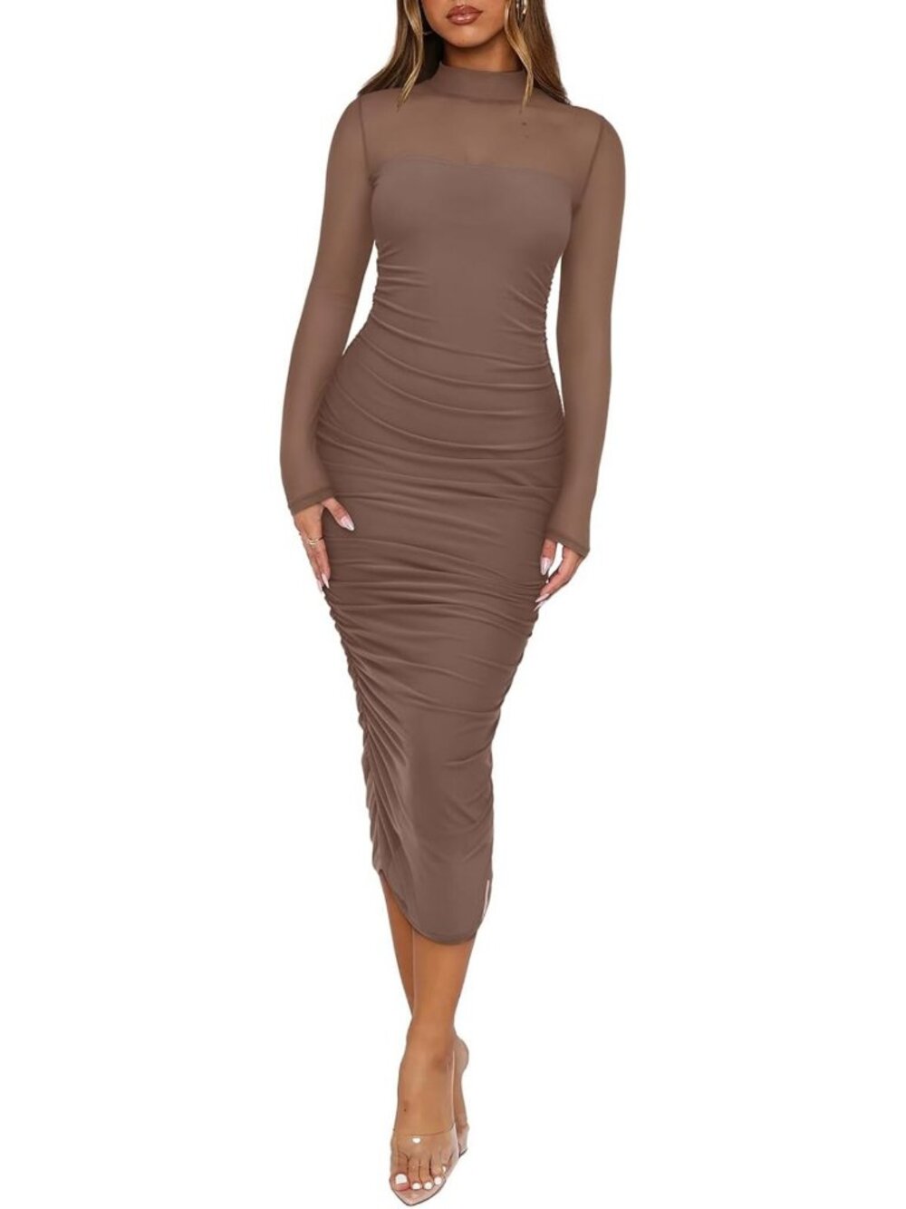 Elegant Midi Bodycon Dress - Women's Fall Long Sleeve Ruched Mesh Cocktail Dress